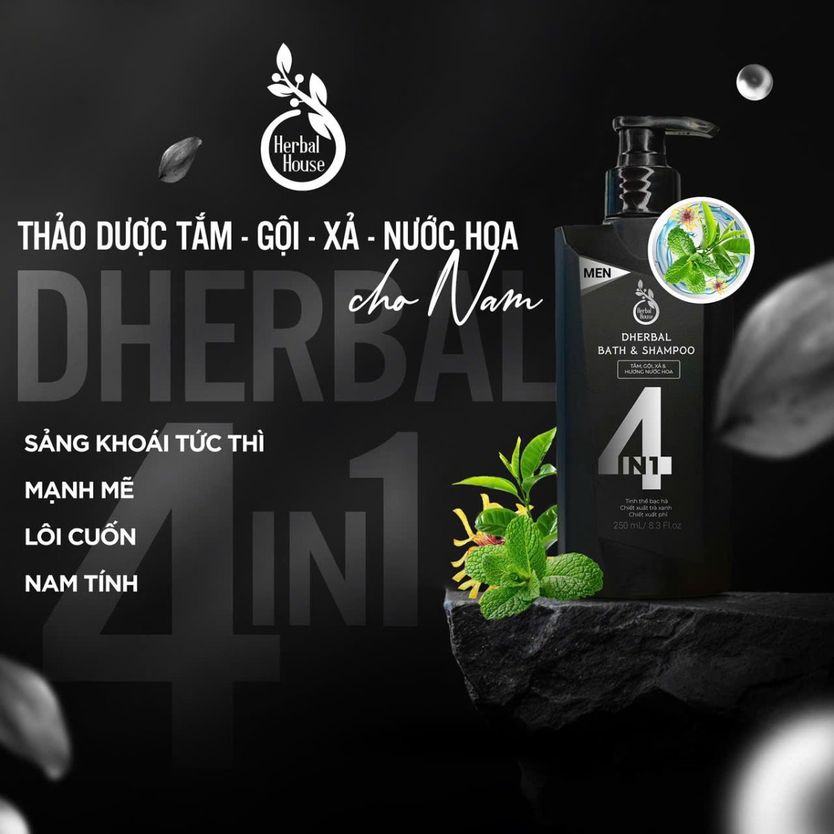 DHERBAL 4IN1 - THẢO DƯỢC TẮM, GỘI, XẢ, NƯỚC HOA CHO NAM