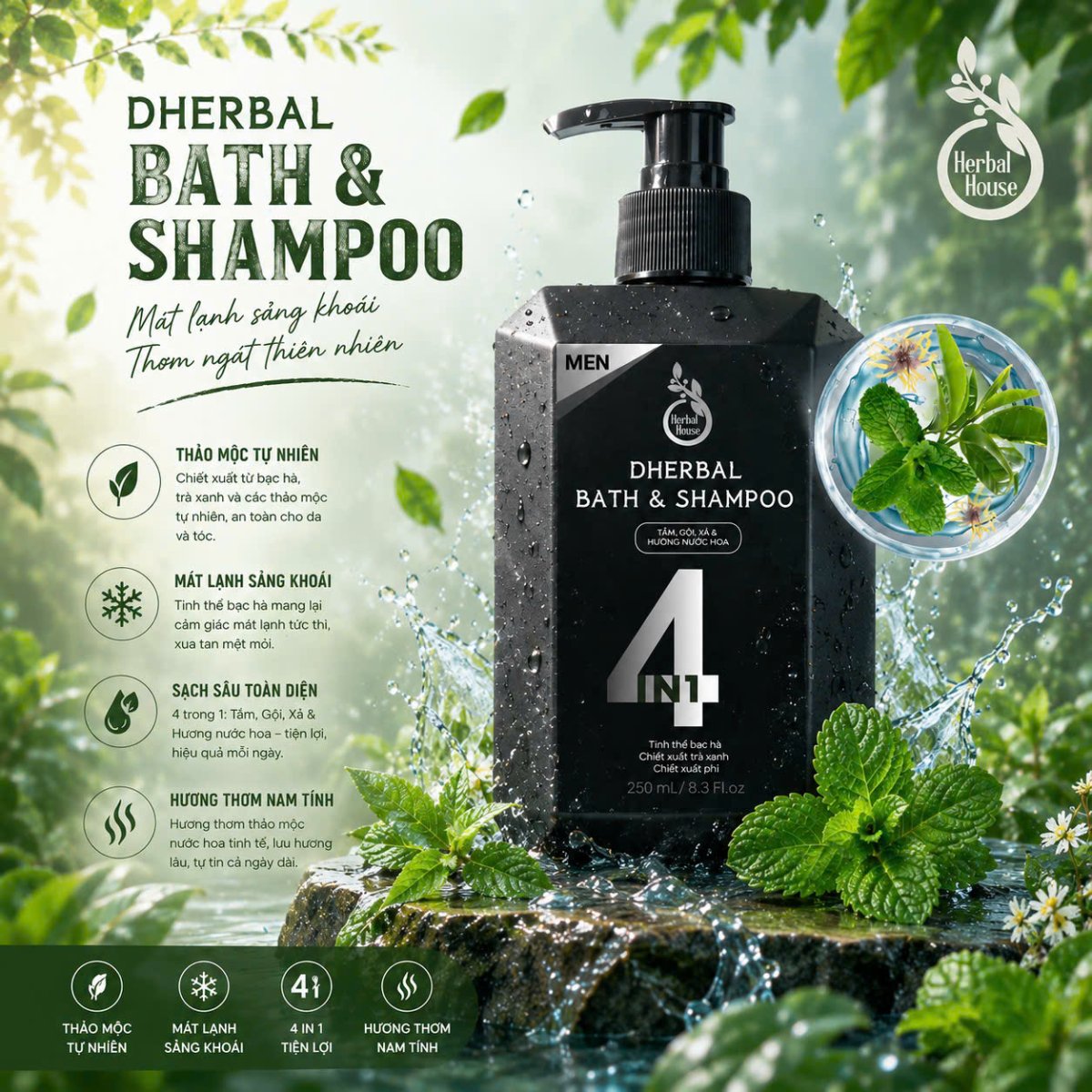DHERBAL 4IN1 - THẢO DƯỢC TẮM, GỘI, XẢ, NƯỚC HOA CHO NAM