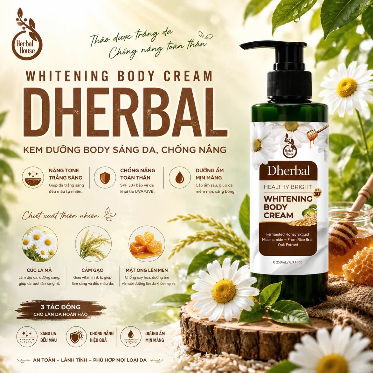 DHERBAL WHITENING BODY CREAM - THẢO DƯỢC  SÁNG DA CHỐNG NẮNG TOÀN THÂN